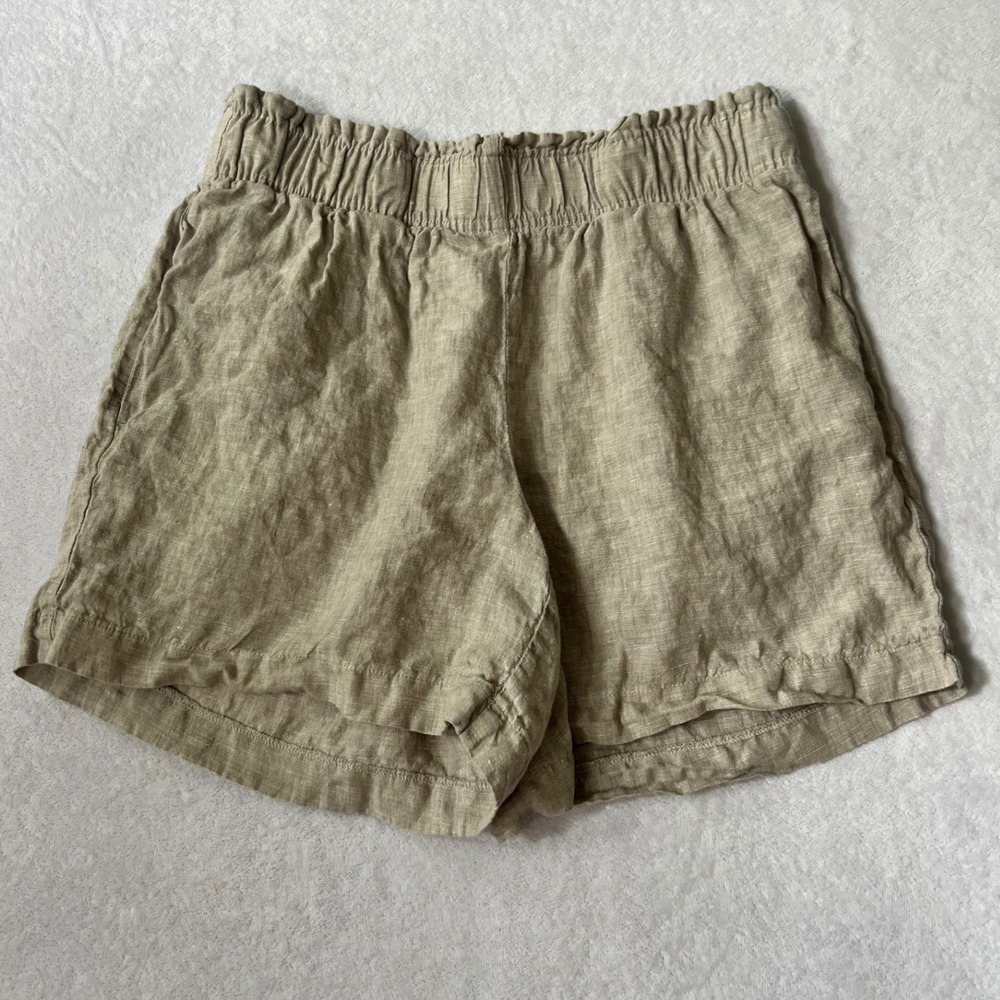 Quince Linen 5" Shorts Beige Elastic Waist Ruffle Trim Pockets Size M